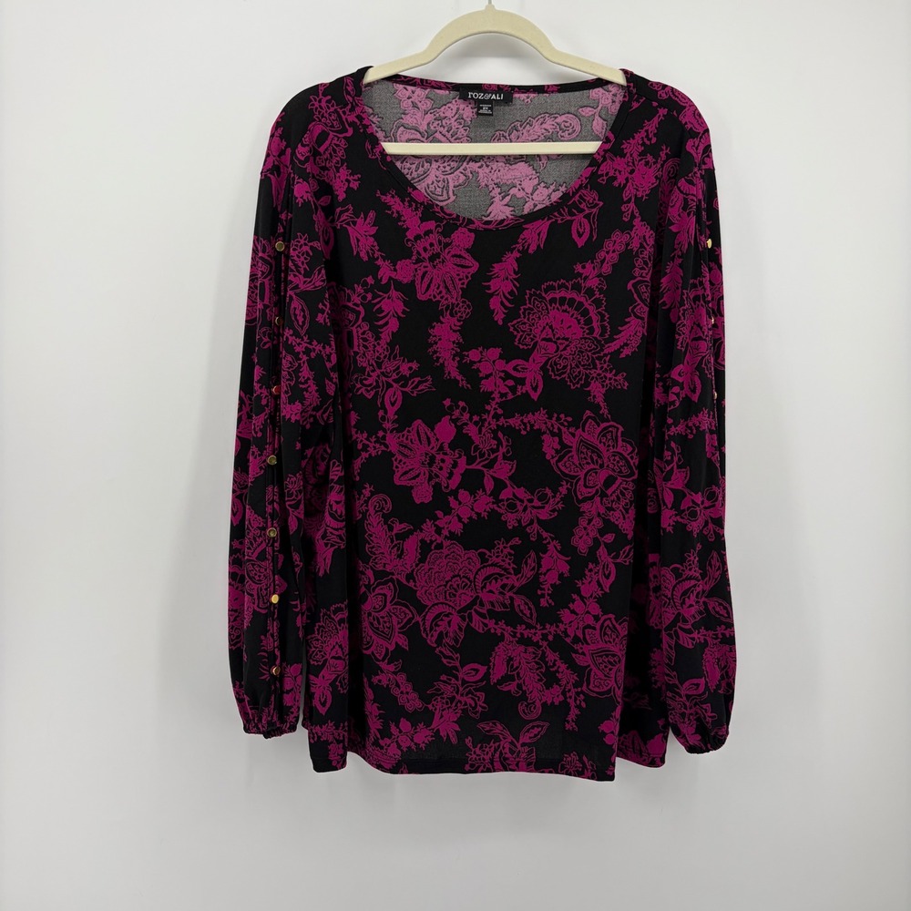 Roz & Ali Womens 2X Magenta Pink‎ Black Floral Blouse Split Button Sleeve Top